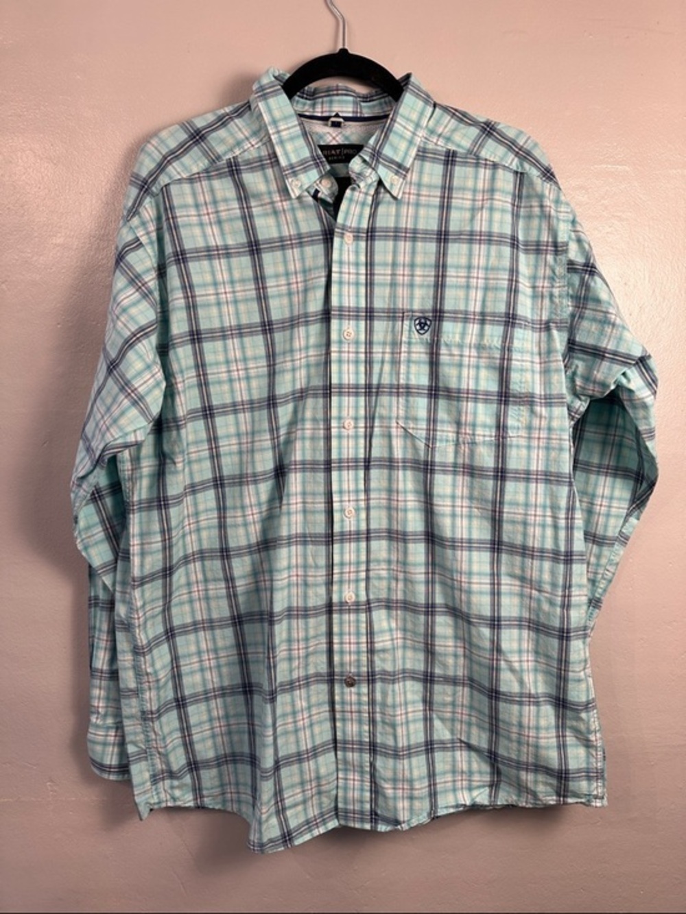 Ariat Mens Pro Series Fitted Mint Plaid Long Sleeve Button Down size Large